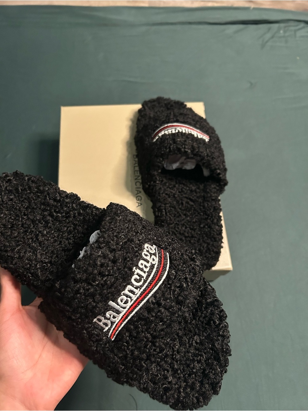 Balenciaga Black Shearling Slide Sandals with Signature Stripe - Picture 2 of 3